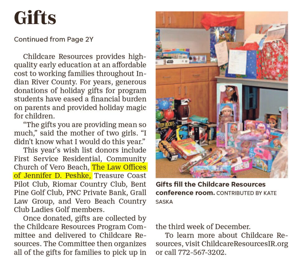 Childcare Resources students receive gifts from local business Vero Beach Lawyer Vero Beach